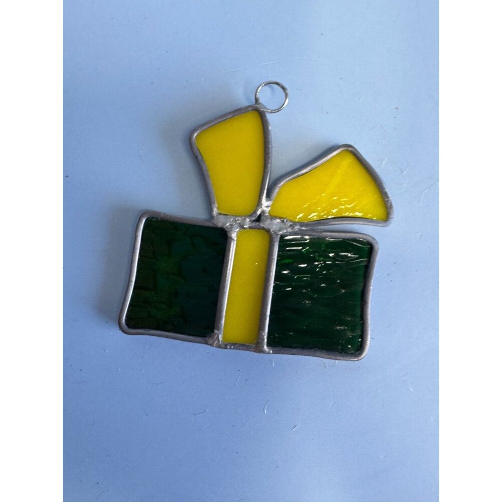 Handcrafted John Deer Colored Stain Glass Christmas Present Ornament 3" - Picture 2 of 5
